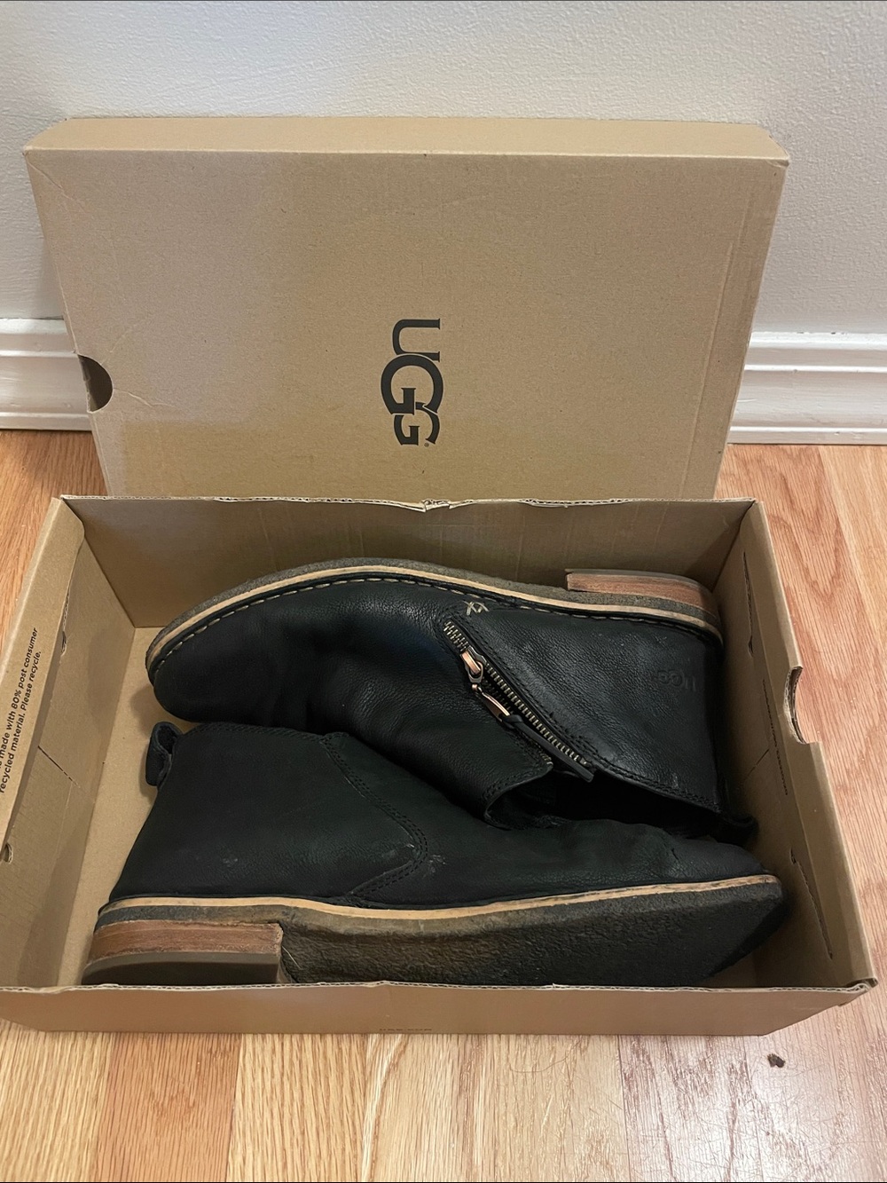UGG Black Leather Ankle Boots with Side Zip and Stacked Heel
